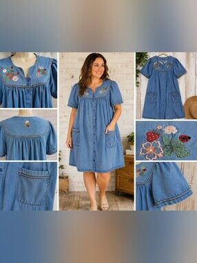 go softly patio denim dress m embroidered strawberry ladybug